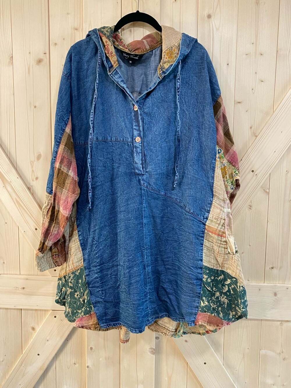 Young Threads Patchwork Denim Hoodie Size 3X Blue Plaid Floral